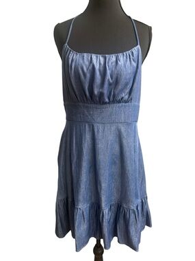 Speechless Chambray Denim-Effect Halter Mini Dress Tie Back Size Large